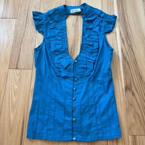 Y2K Kelsey’s Creations Blue Steampunk Lace Up Back Ruffle Accent Button Top